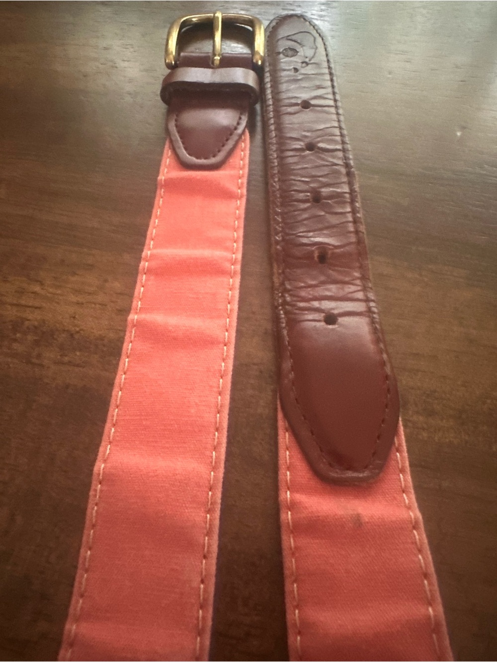 YRI Coral Canvas Belt with Brown Leather Trim